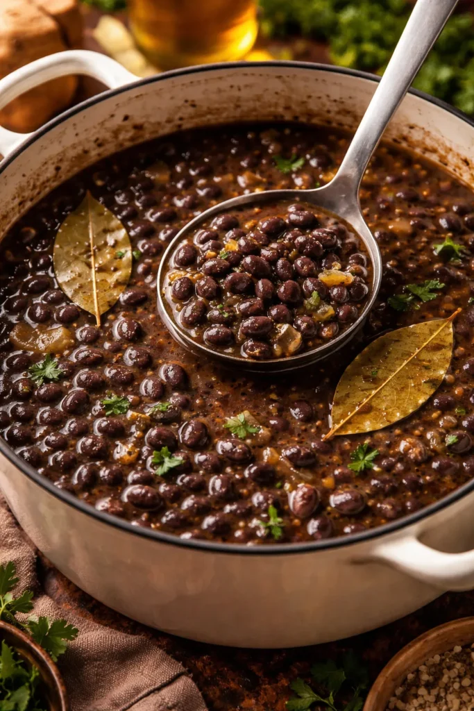 Creamy black beans simmering in a pot