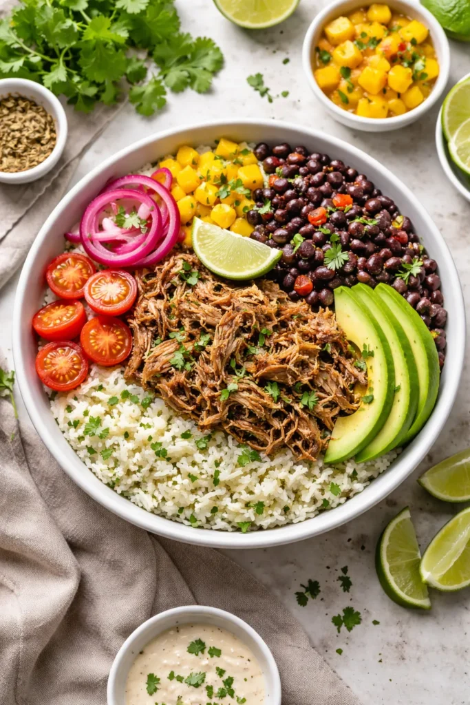 8 Mojo Pork and Cuban Rice Recipes to Try 11 Cuban rice bowl with mojo pork, beans, and toppings in a bowl