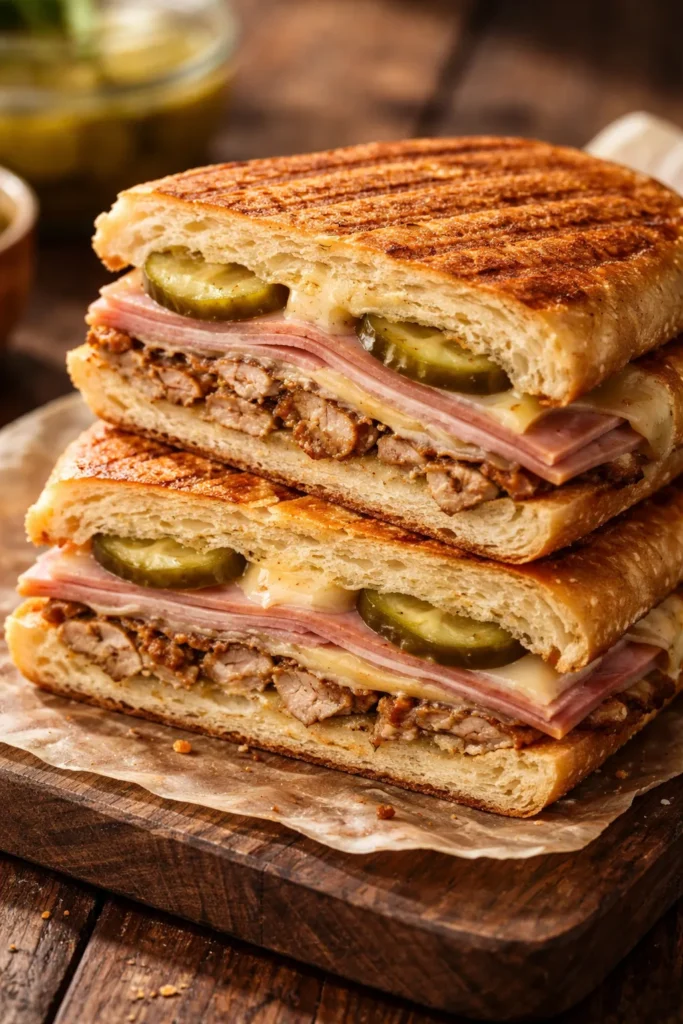 Cross-section of a pressed Cuban sandwich showing pork, ham, cheese, and pickles