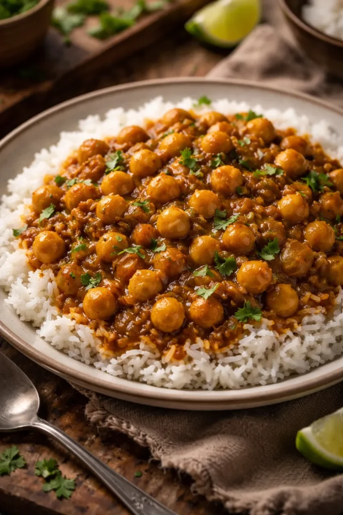 8 Trinidadian Curry and Rice Recipes at Home 5 Chickpea curry with rice on plate