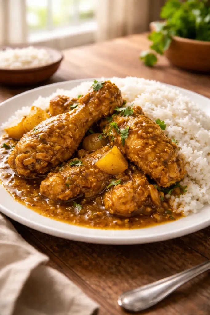 8 Trinidadian Curry and Rice Recipes at Home 1 Close-up of Classic Trinidad Curry Chicken with Steamed White Rice on a plate