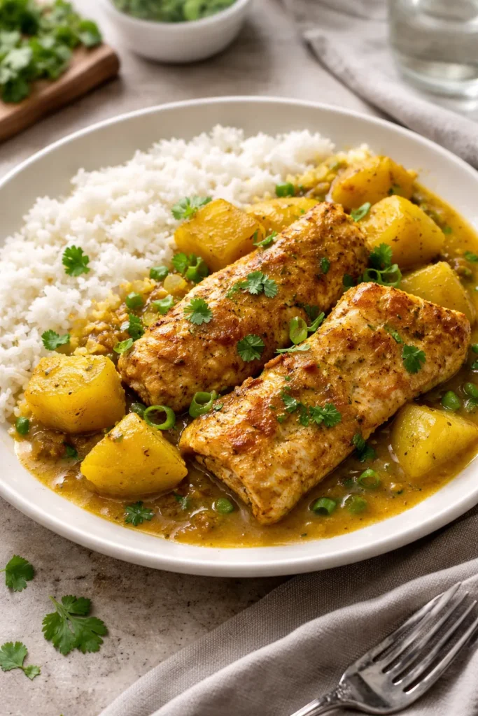 8 Trinidadian Curry and Rice Recipes at Home 3 Curry fish with potatoes and rice on plate