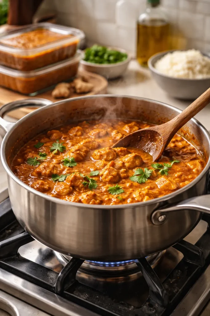 10 Easy Indian Curry Recipes for Weeknights 14 Simmering curry in a pot on the stove ready for reheating
