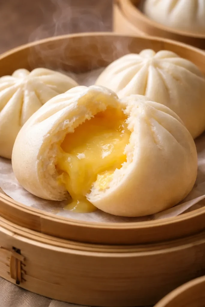 8 Bao Bun Recipes Steamed and Stuffed 9 Open custard cream bao showing pale custard filling