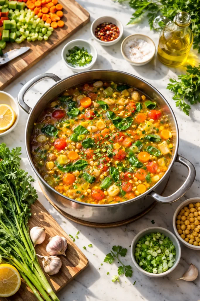 8 Vegetable Soup Recipes for Cold Nights 10 Pot of vegetable soup with colorful vegetables in broth