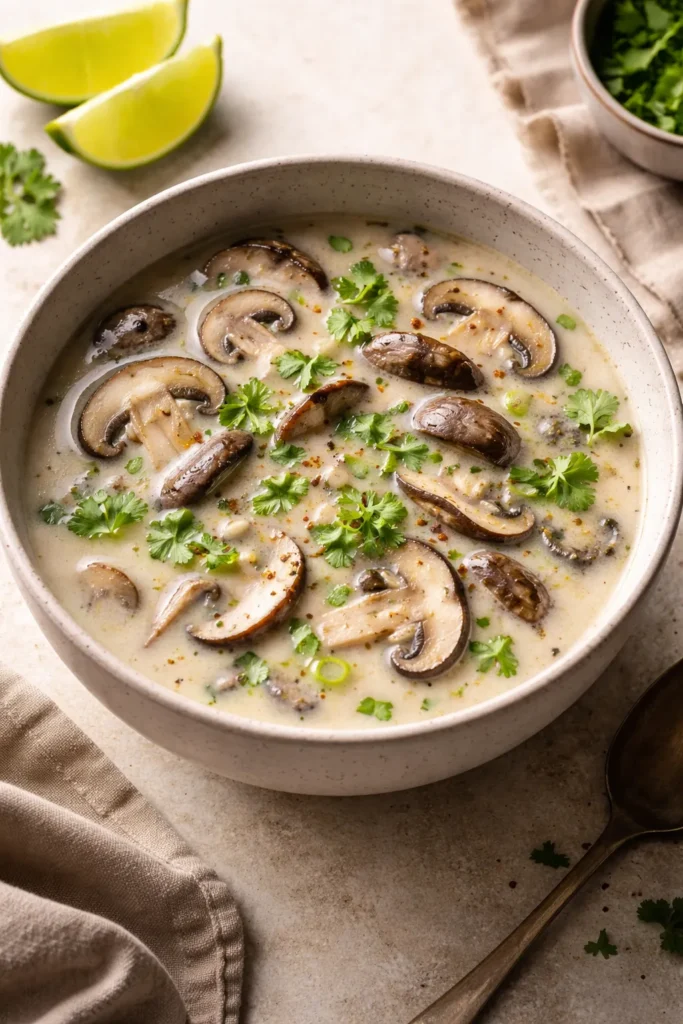 Bowl of dairy-free coconut milk mushroom soup with shiitake and cremini mushrooms in pale coconut broth