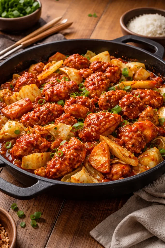 12 Easy Korean Recipes for Weeknight Dinners 5 Sizzling dakgalbi with glossy red sauce in a skillet