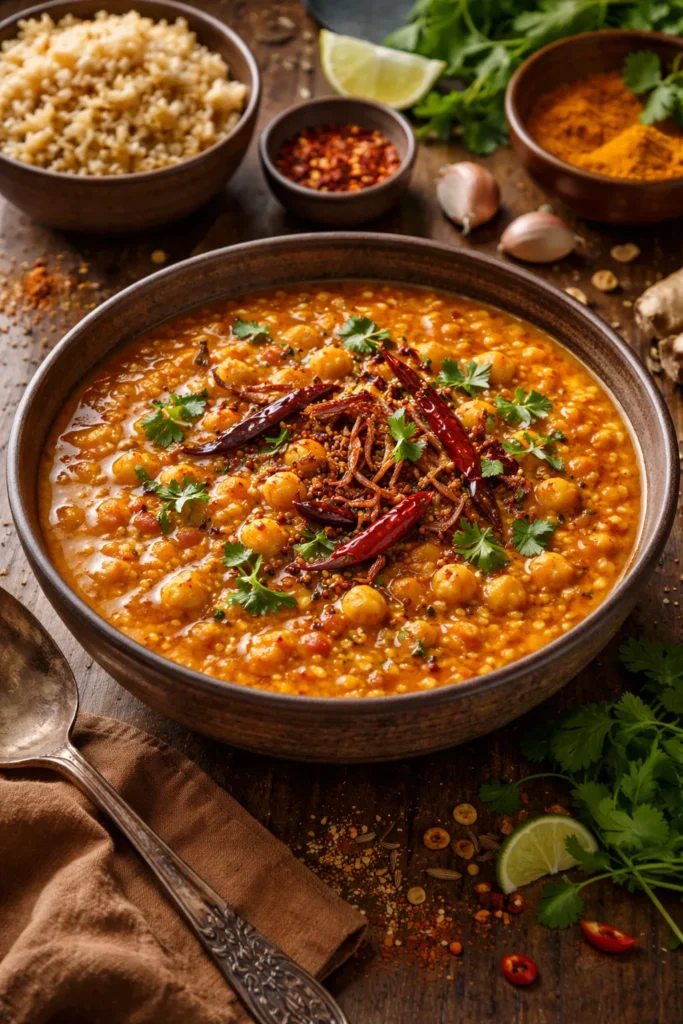 8 Vegetarian Dinners That Fill You Up 4 Steaming red lentil dal with chickpeas in a bowl