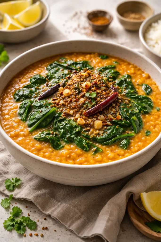 8 Batch Cooking Recipes for Easy Weeknights 3 Creamy lentil dal with wilted spinach in a bowl
