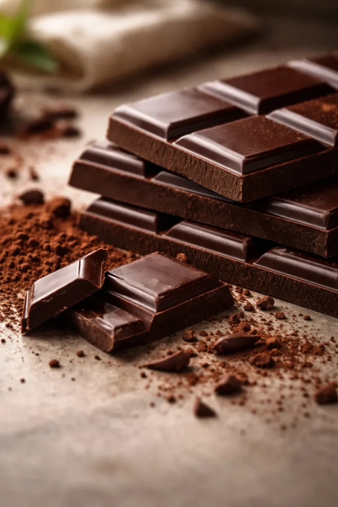 8 Easy Chocolate Dessert Recipes to Try 1 Close-up of premium dark chocolate bars and cocoa powder on a neutral surface.