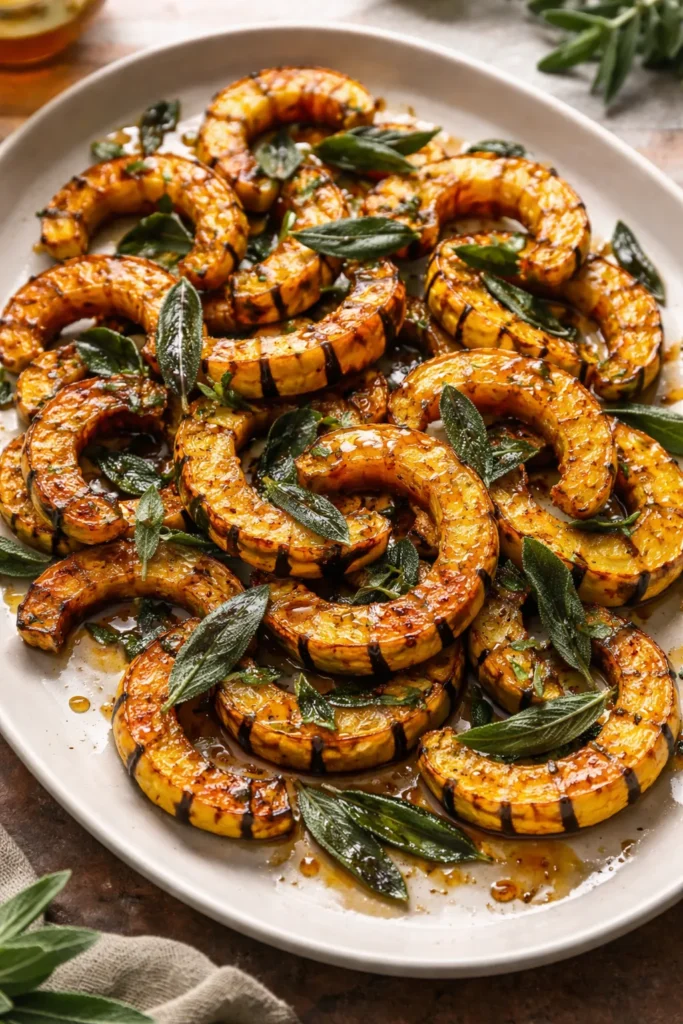 10 Veggie Sides That Outshine the Main Dish 10 Roasted delicata squash slices with sage on a plate