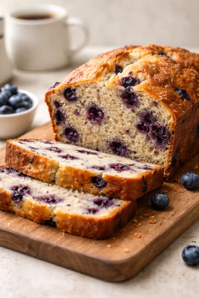 Moist Blueberry Muffin Bread for Coffee Time 12 Cross-section of blueberry muffin bread showing dense crumb