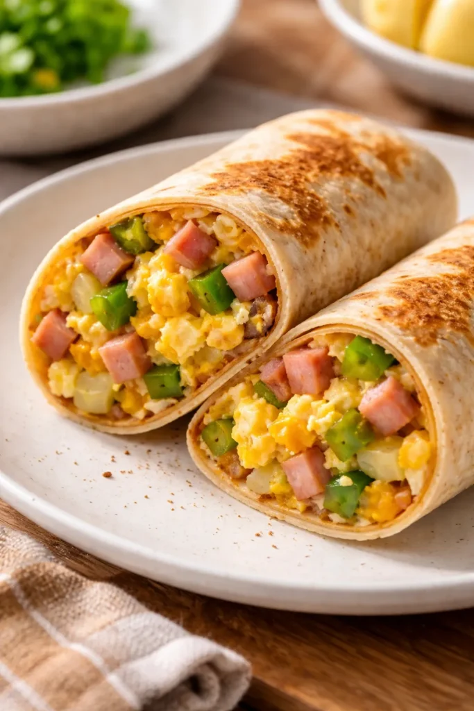 8 Breakfast Burrito Recipes for Meal Prep 7 Close-up of Denver-Style Ham Pepper Egg Burrito showing ham peppers eggs inside