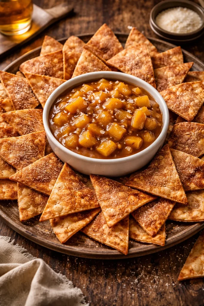 8 Game Night Snacks Everyone Fights Over 8 Dessert nachos with cinnamon-sugar tortilla chips and salted caramel apple dip