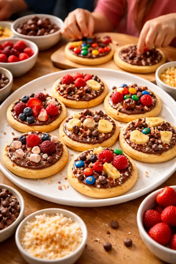 12 Fun Family Night Desserts to Make Together 5 Mini dessert pizzas with assorted toppings on plate
