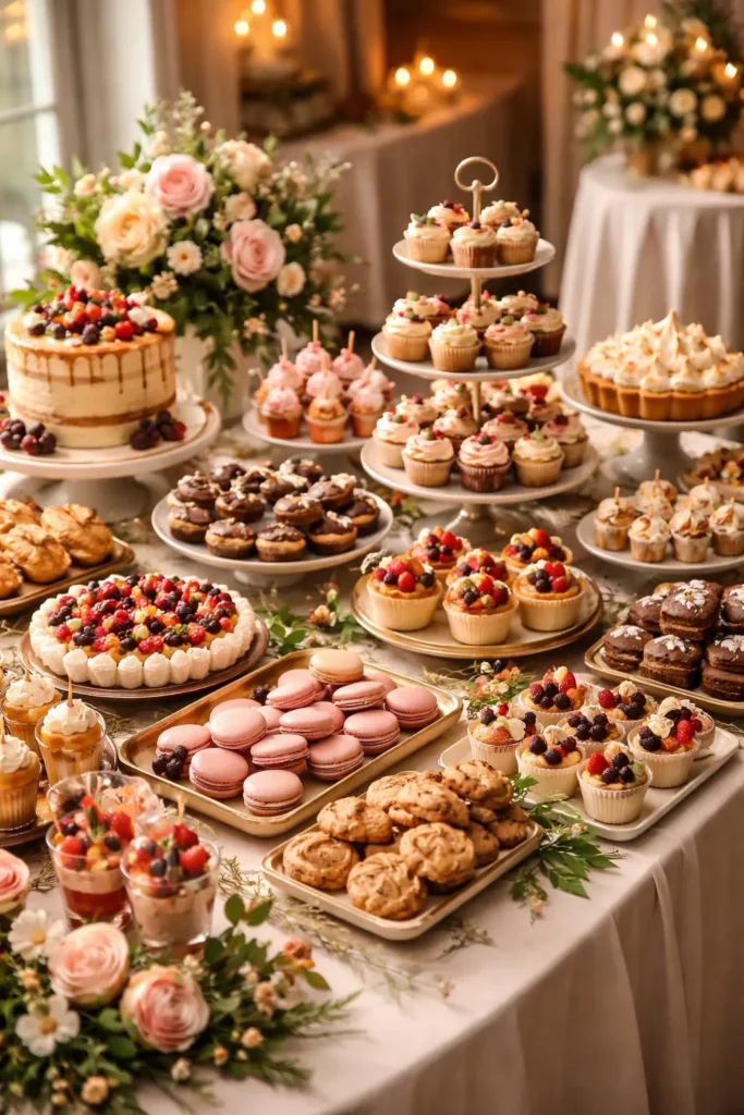 8 Wedding Reception Food Ideas on a Budget 8 Dessert table with diverse pastries and cakes arranged on stands