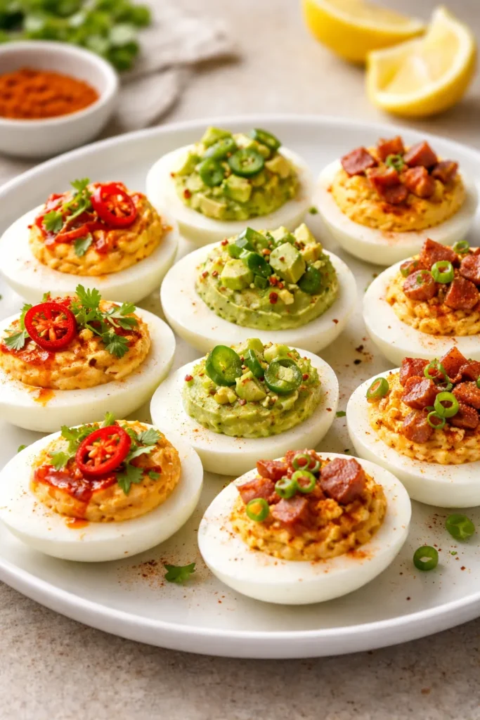 8 Egg Recipes Beyond Scrambled and Fried 7 Close-up of deviled eggs with bold fillings on white plate