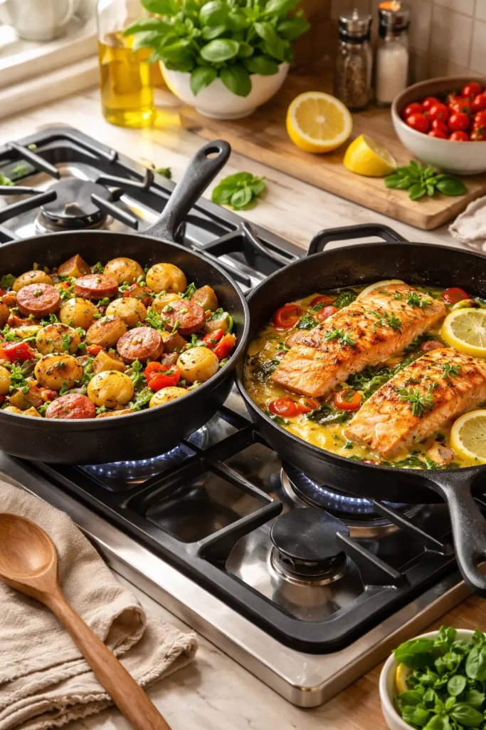 8 Stovetop Dinners When You're Short on Time 12 Two skillet dinners on a stove representing meal planning for different weeknights