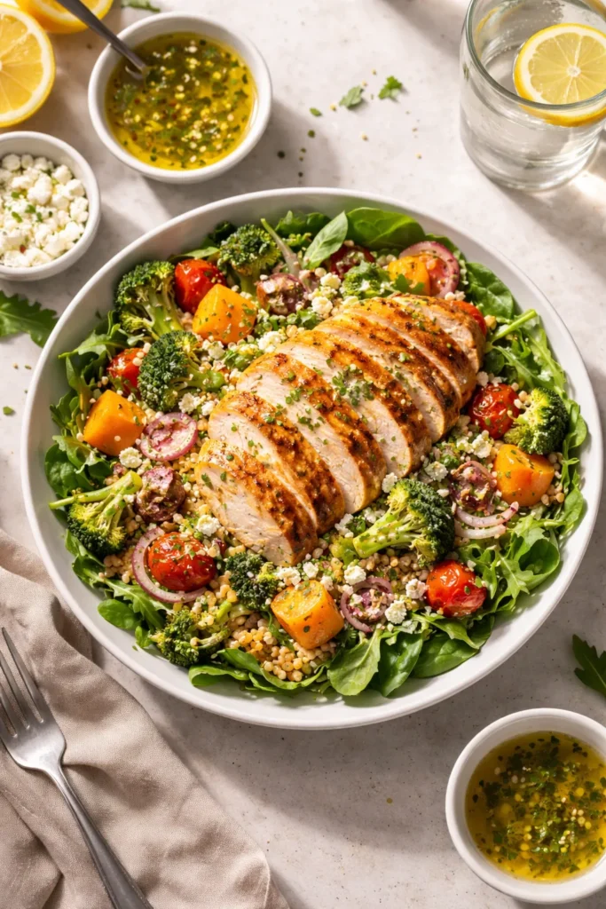 Plate of protein-rich dinner salad with grains and greens, lemon-herb dressing