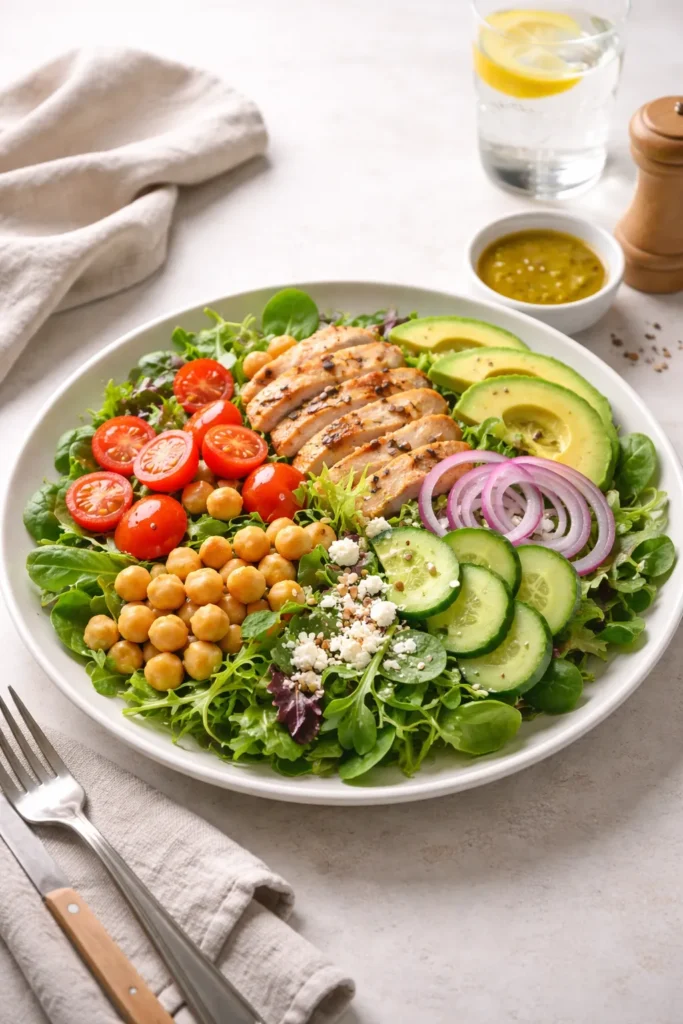 Plate with balanced dinner salad suggesting a signature routine