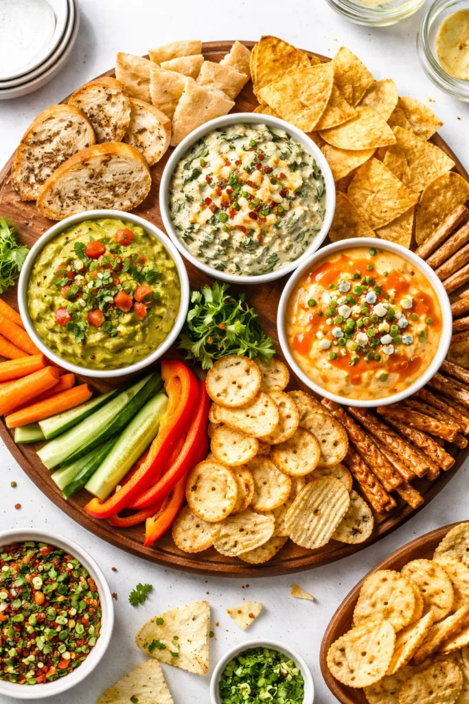 Top-down view of a party dip platter with multiple dips and dippers