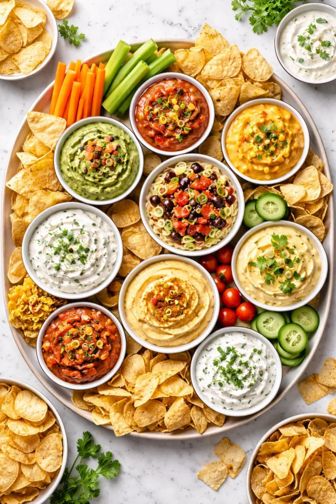 8 Easy Dip Recipes for Parties and Snacking 10 Top-down view of dip portions and chips arranged for party planning