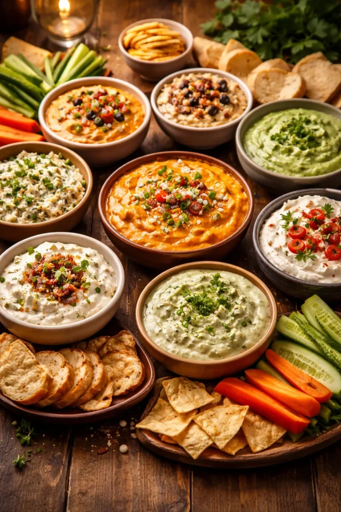 Close-up of a rustic wooden table with a varied array of creamy dips and dippers forming a generous party spread