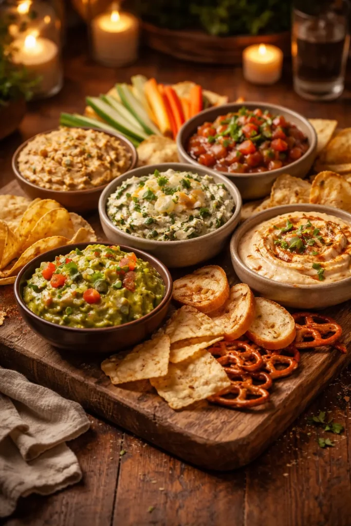 8 Easy Dip Recipes for Parties and Snacking 12 Dips and dippers arranged on a rustic serving board for party