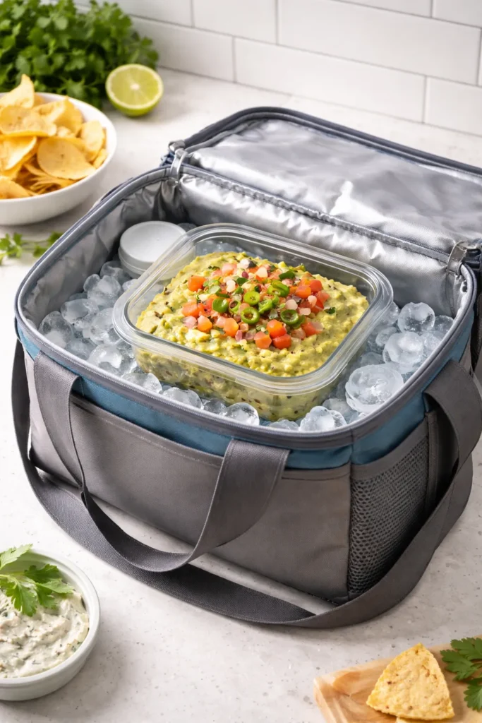 8 Easy Dip Recipes for Parties and Snacking 11 Airtight dip container inside a cooler bag with ice for transport