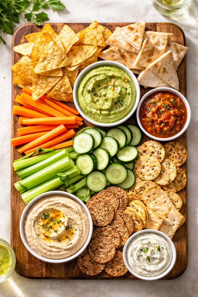 Assorted dippers including chips and vegetables arranged on a board