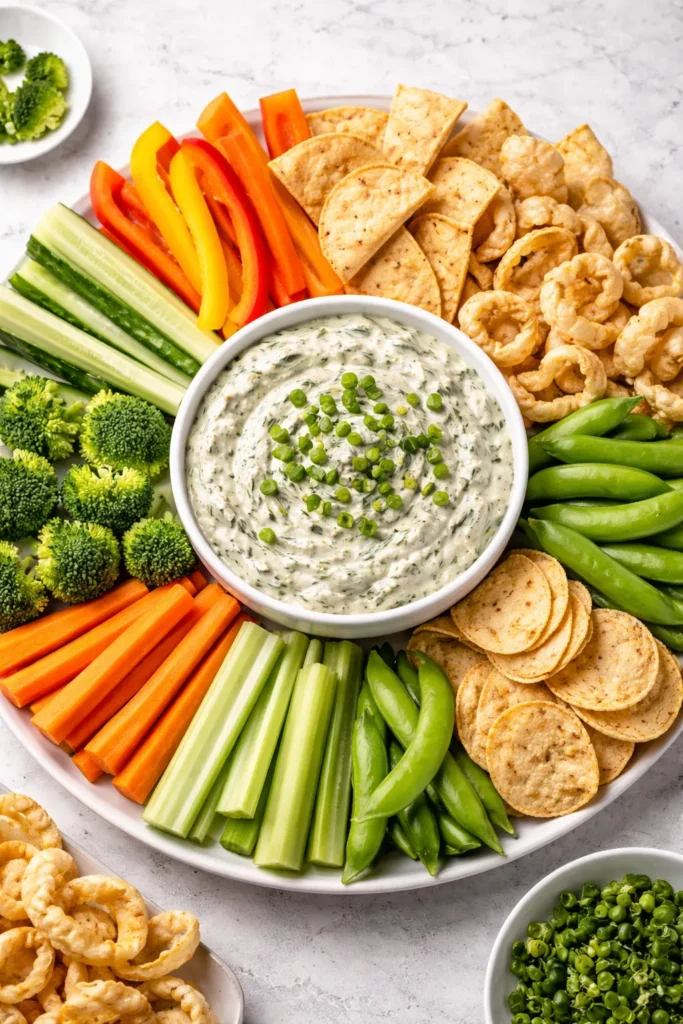 8 Easy Dip Recipes for Parties and Snacking 9 Assorted dippers around a central dip bowl on a bright kitchen counter