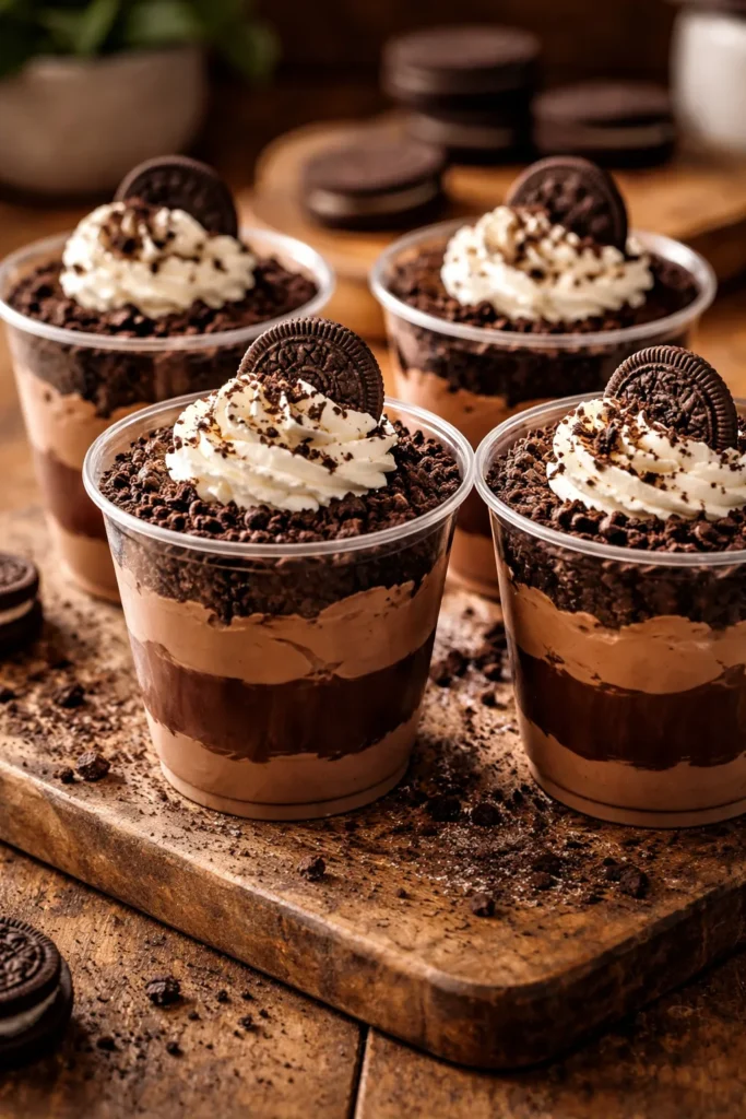 12 Fun Family Night Desserts to Make Together 3 Dirt cups with pudding, crushed cookies and whipped cream in clear cups