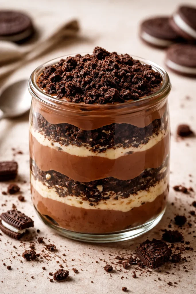15 Easy Cream Cheese Dessert Recipes 15 Layered dirt dessert in a glass jar with Oreo crumb topping