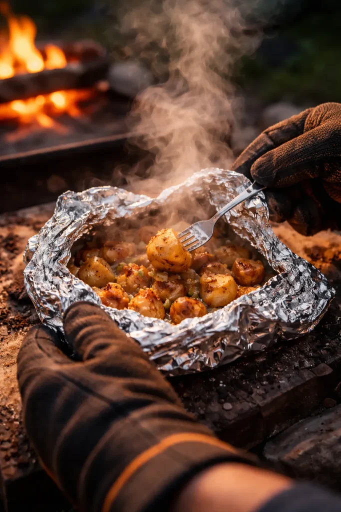 Foil packet opened with steam, fork testing interior tenderness in a camp kitchen