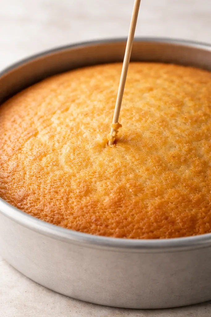 How to Bake Perfectly Moist Cakes Every Time 5 Cake with a moist crumb toothpick test showing doneness