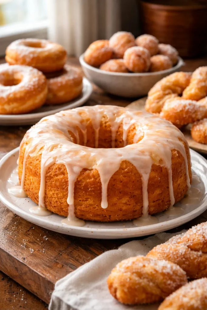 10 Ways to Use Leftover Buttermilk in Baking 10 Glazed donut cake on a plate with a glossy finish.