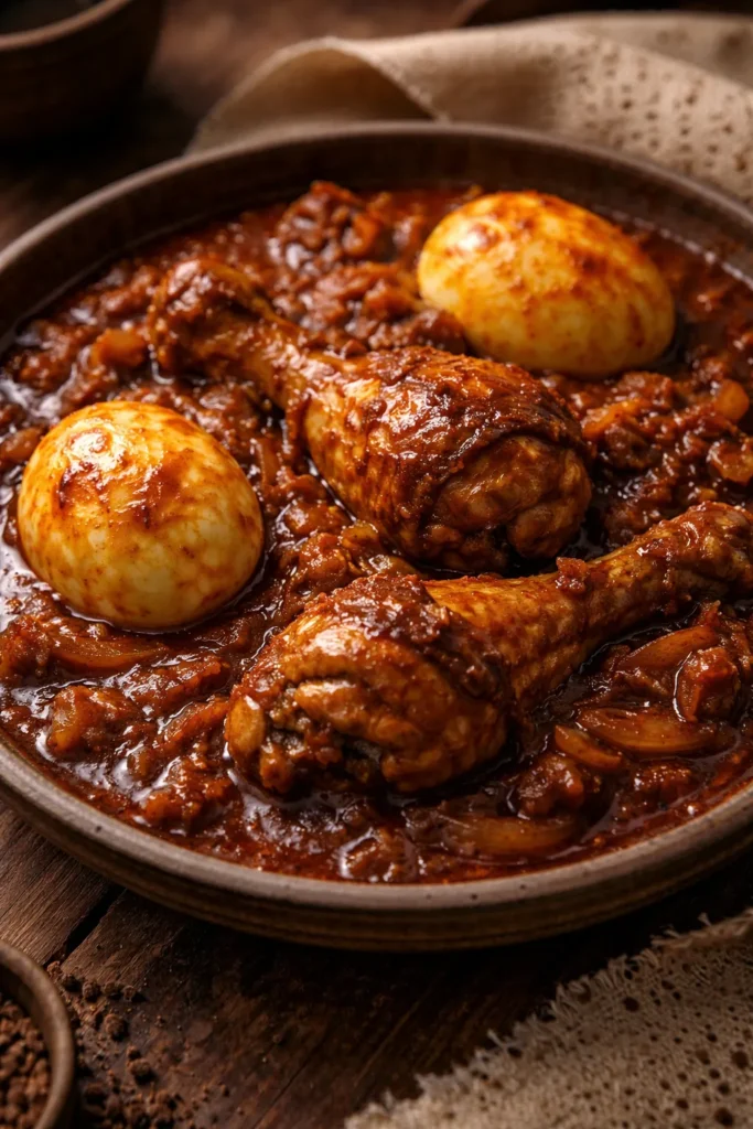 Brick-red Doro Wat with chicken and eggs on plate