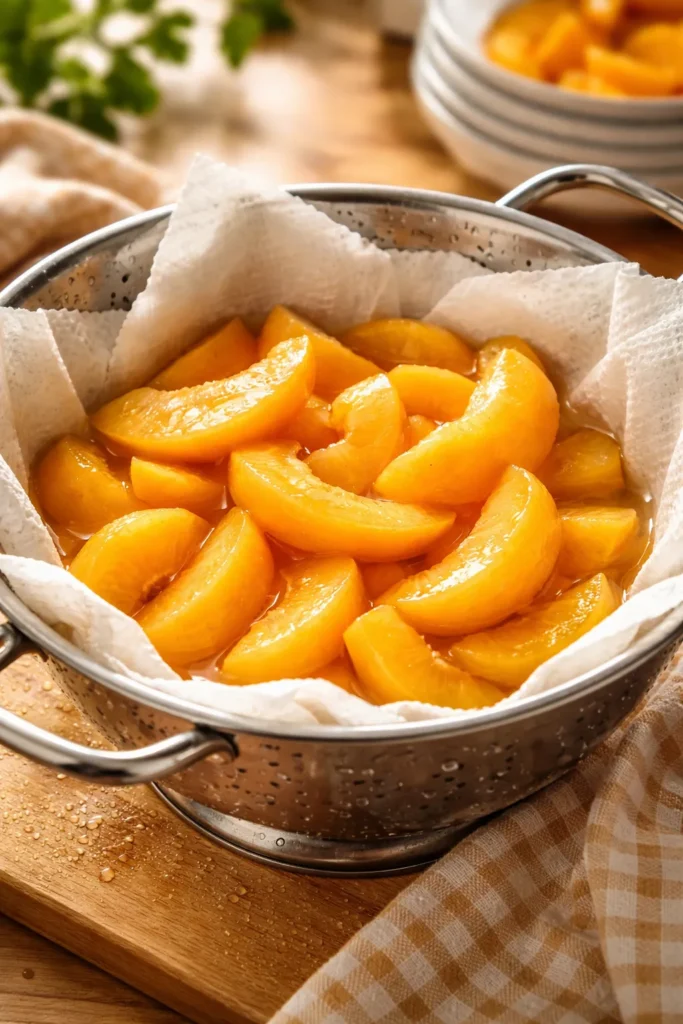 5-Minute Bisquick Cobbler With Canned Peaches 21 Drained peaches in a colander with towels soaking moisture