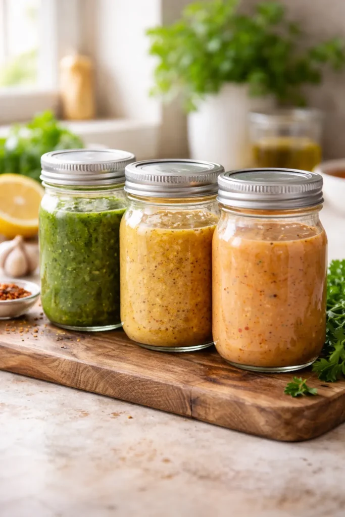 Three glass mason jars with colorful dressings on a wooden board, no labels.
