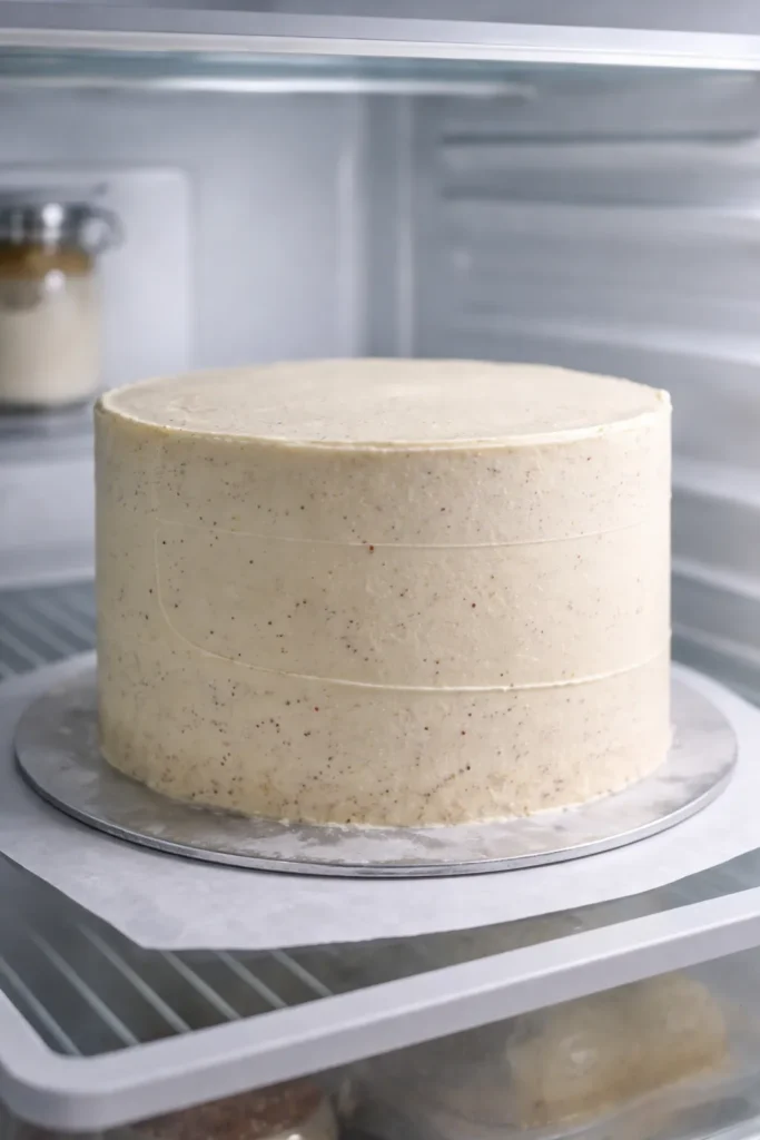 Close-up of a frosted cake with a firm buttercream crumb coat ready for ganache drips