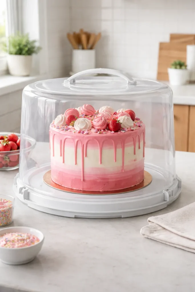 Drip cake stored in airtight container on kitchen counter
