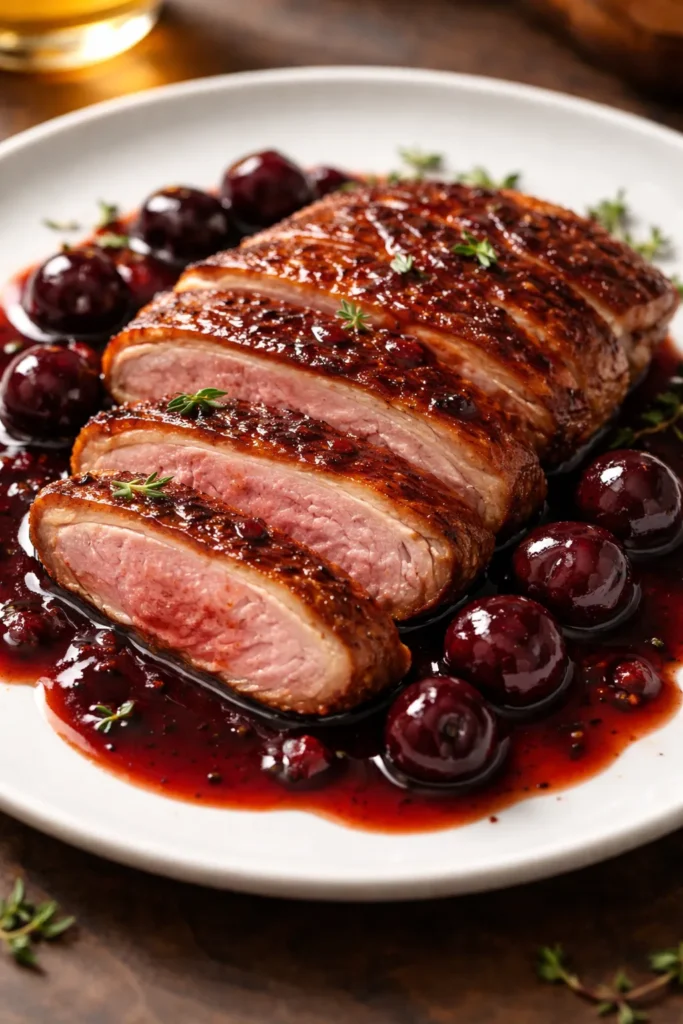 Sliced duck breast with cherry red wine reduction on plate