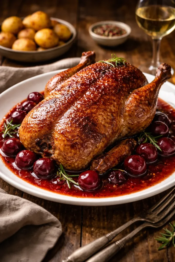 Roast duck with cherry gravy on a plate