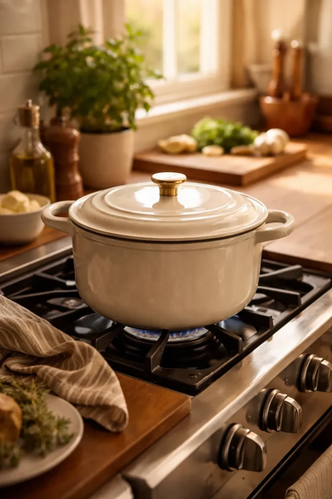 8 French Dishes Easier Than You Think 10 Dutch oven on stove in a cozy kitchen