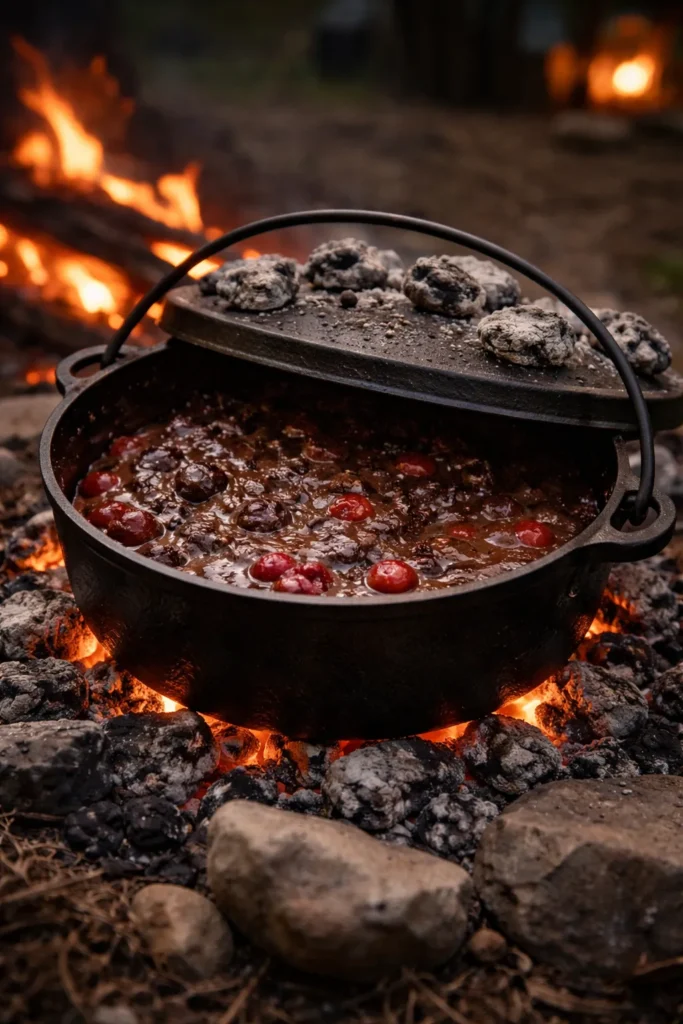 10 Campfire Recipes Even Kids Can Help With 5 Dutch oven over coals with bubbling chocolate cherry dessert inside.