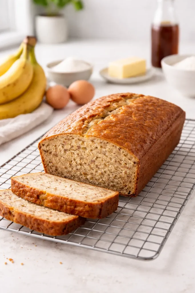 8 Banana Bread Recipes You'll Bake on Repeat 8 A perfect golden brown 8-ingredient banana bread on a wire cooling rack