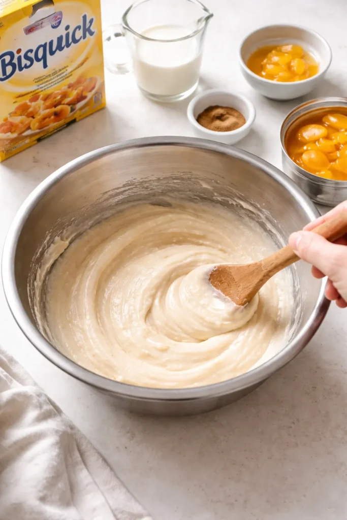 Easy Peach Cobbler With Bisquick in 30 Mins 4 Simple batter being stirred in a bowl, minimal kitchen setting