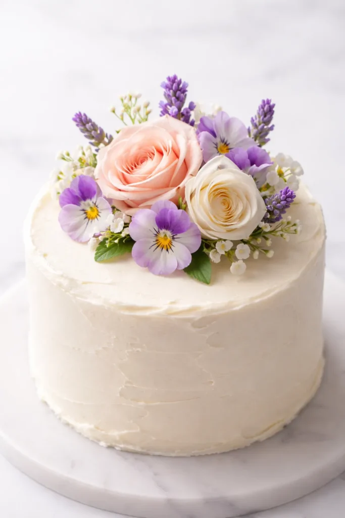 Cake with a small arrangement of edible flowers on top