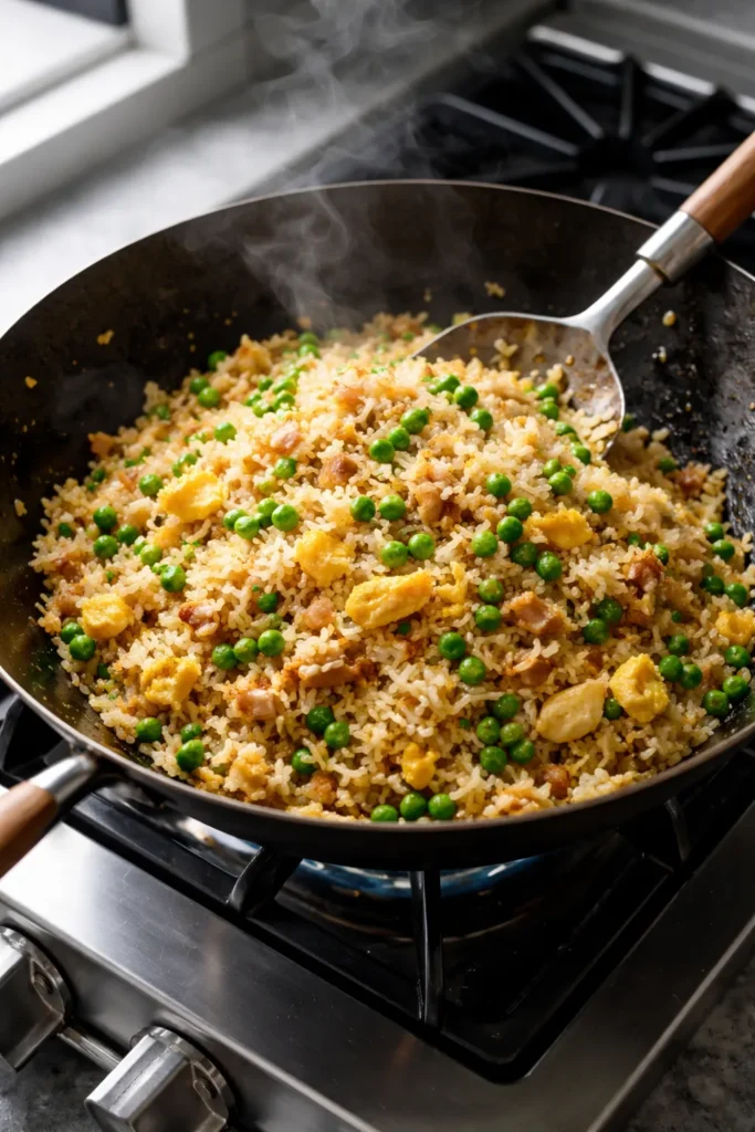 Wok of egg fried rice with eggs and peas.