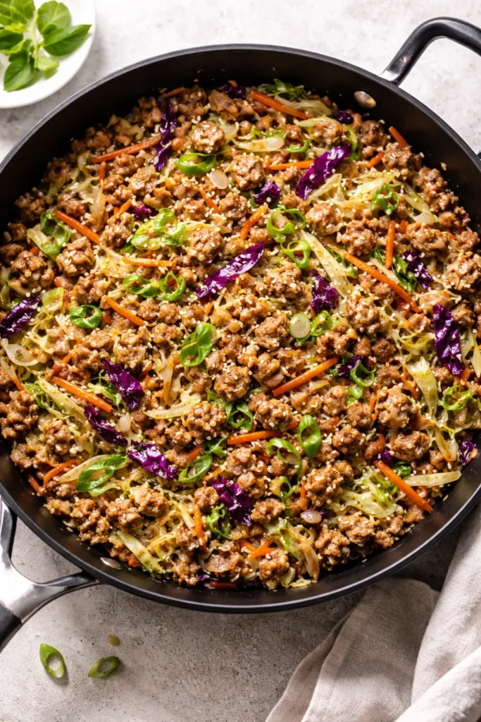 8 Paleo Dinners That Don't Taste Boring 6 Skillet of egg roll in a bowl with pork and cabbage